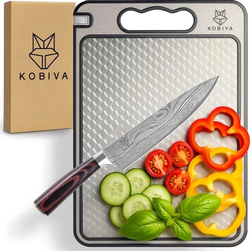 Vista 10 de Juego de tabla de cortar de acero inoxidable + raspador de banco con mango de madera, tabla de cortar de acero 304 de 15 x 11, apta
