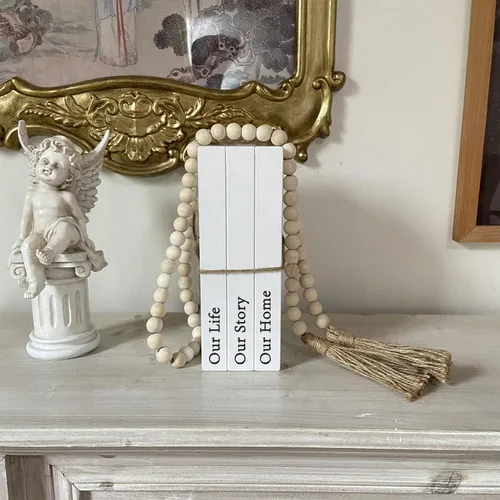 Vista 7 de Libros decorativos para decoración del hogar, libros de imitación blancos para decoración, libros de exhibición apilables de granja rústica