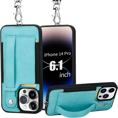 Vista 19 de TOOVREN Funda para teléfono compatible con iPhone 14 Plus, compatible con iPhone 14 Plus, funda con correa para tarjetero, cordón de cuero para Negro