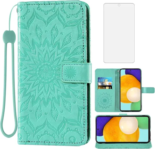 Vista 14 de Funda de teléfono para Samsung Galaxy A52 5G/4G con protector de pantalla de vidrio templado y funda delgada de cuero, soporte para tarjetas