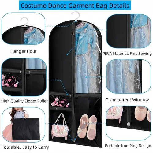 Vista 3 de Bolsa de ropa transparente para disfraz de baile, bolsa de ropa de 39 pulgadas para competiciones de baile, funda de ropa colgante para niños