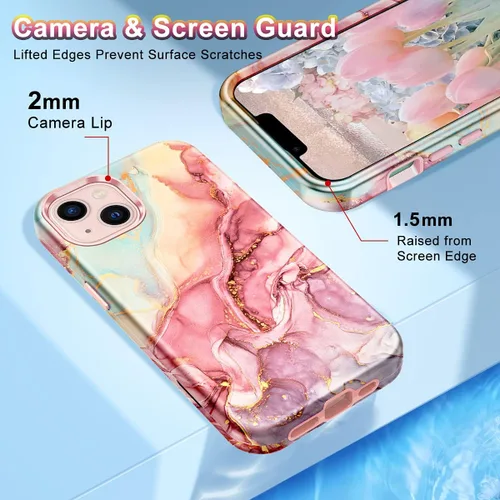 Vista 4 de CASEFIV Compatible con funda para iPhone 13, patrón de mármol 3 en 1, resistente a golpes y caídas, cuerpo completo, policarbonato duro y silicona
