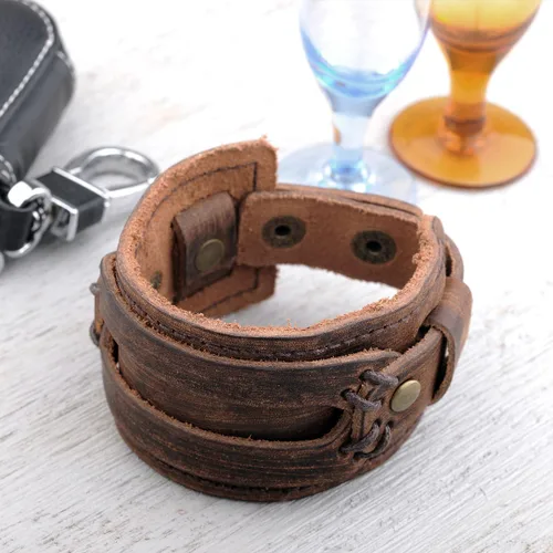 Vista 6 de Merdia Pulsera ajustable de piel auténtica para hombre y mujer, diseño punk, café, 30G, Cuero
