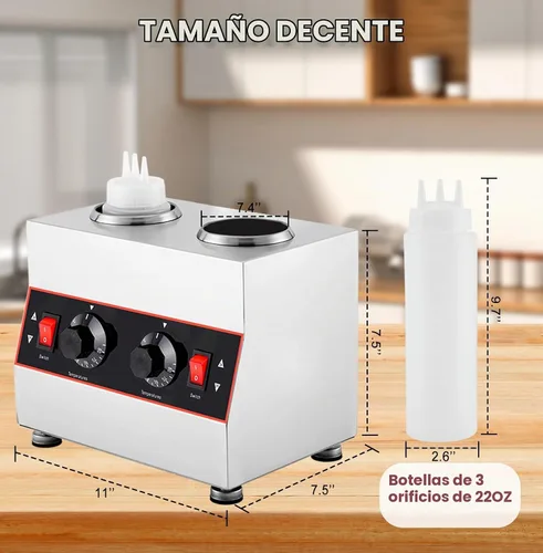 Vista 6 de Dispensador eléctrico de salsa con 2 botellas de salsa de 22 onzas y 3 agujeros, calentador de botellas para chocolate caliente, queso nacho
