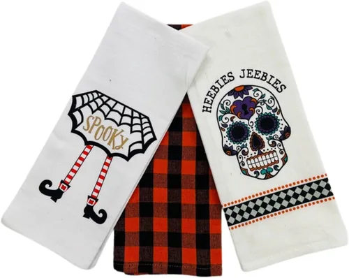 Vista 15 de Haunted - Juego de toallas de mano de cocina de Halloween: Jack O' Lantern Orange Terry Loop, lazo de rizo de punto blanco elevado, diseños
