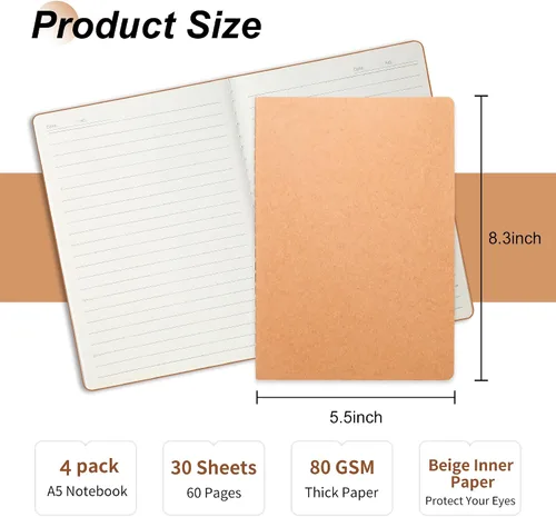 Vista 2 de miikoul Paquete de 4 cuadernos de papel kraft A5 con papel rayado, 8.3 x 5.5 pulgadas, 60 páginas/30 hojas, 80 g/m², cuaderno de viaje para adultos