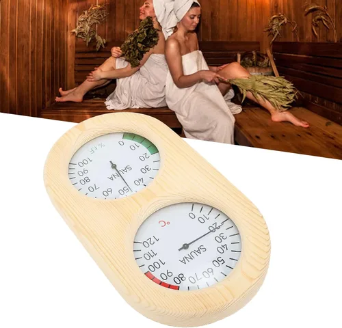 Vista 4 de Asixxsix Sauna Room Thermometer Hygrometer, Wooden 2 in 1 0120 0100% Wall Mounted Sauna Hygrothermograph with Clear Glass Cover, for Steam Room