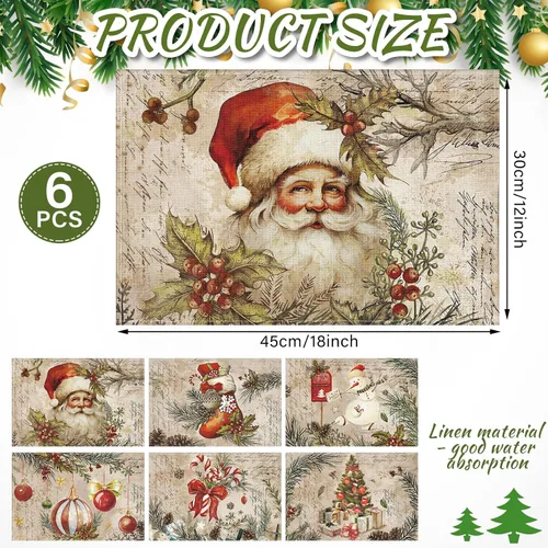Vista 2 de Hushee - Juego de 6 manteles individuales de Navidad, 30 x 45 cm, manteles individuales lavables para mesa de comedor, manteles navideños