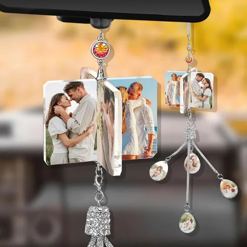 Vista 8 de Dijes colgantes de cristal personalizados para automóvil con fotos y textos personalizados Adorno colgante de espejo retrovisor Colgante de foto