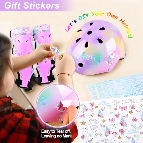 Vista 3 de Casco para niños, casco de bicicleta para niños pequeños con pegatinas DIY Unicornio, rodilleras y coderas ajustables, juego de protección para Rosa