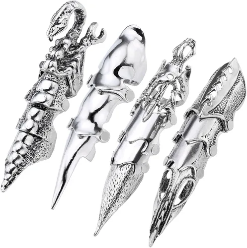 Vista 4 de Jovivi - Anillo de fantasía para hombre, diseño de nudillos de armadura plateada, doble lazo, punk, rock, gótico, genial, 1-4 piezas