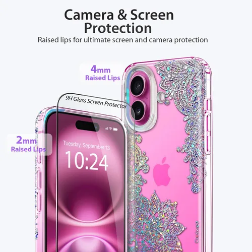 Vista 4 de Funda para iPhone 16, con protector de pantalla, linda para mujeres y niñas, funda protectora de grado militar de 10 pies para iPhone 16, funda