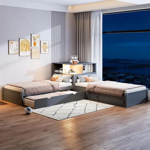 Vista 9 de Marco de cama individual en forma de L para 2 niños con escritorio y nido Espresso Espresso
