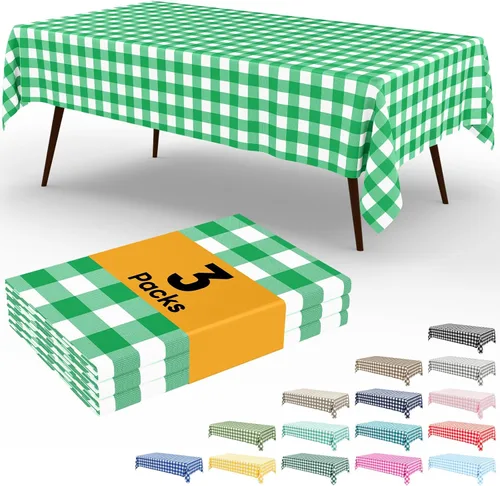 Vista 48 de Smiry Paquete de 3 Manteles Desechables de Cuadros Gingham Color Caqui - 54" x 72" Mantel de Plástico de Servicio Pesado, Cubiertas de Mesa