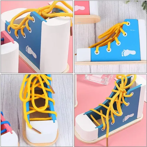 Vista 5 de NUOBESTY Aprende a atar zapatos zapatos de madera con cordones de juguete para atar los zapatos, kit de enseñanza para niños, azul