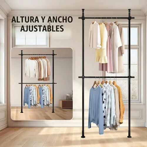 Vista 4 de Perchero de doble barra resistente, perchero ajustable de piso a techo, 2 barras transversales de 220 libras de capacidad cada una, acero al carbono