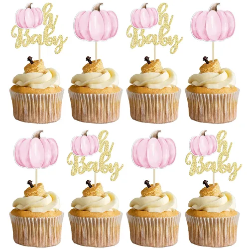 Vista 14 de Gyufise 24 piezas de decoración de cupcakes de calabaza con purpurina para temática de otoño, Acción de Gracias, Halloween, baby shower, niños