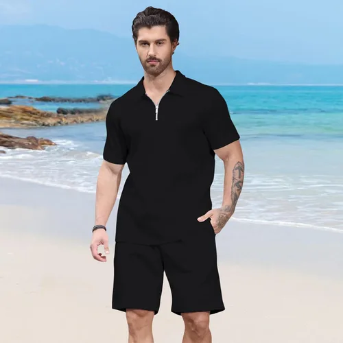 Vista 2 de Aulemen Conjunto deportivo de 2 piezas con cremallera para hombre, manga corta, camiseta polo y pantalones cortos, conjuntos de verano para hombre
