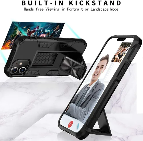 Vista 3 de Funda de grado militar para iPhone 12 y 12 Pro con protector de pantalla de vidrio templado a prueba de golpes con soporte