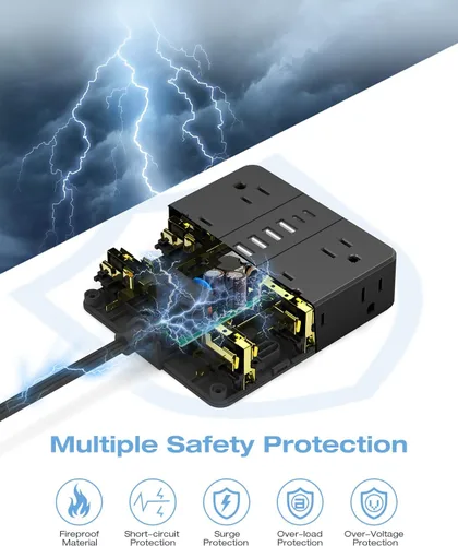 Vista 2 de Regleta de Enchufe Plano, AOFO Cable de Extensión de 5 Pies con 12 Tomacorrientes y 6 Puertos USB (4 USB-A, 2 USB-C), Protector contra