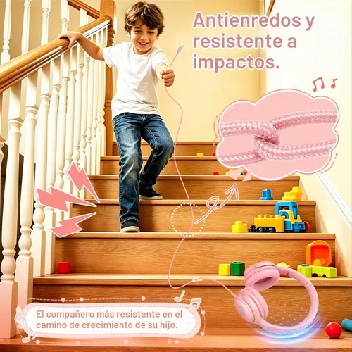 Vista 4 de Auriculares para niños con cable con micrófono HD, auriculares USB C Rosa