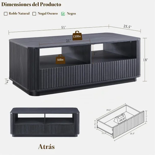 Vista 2 de ACCOHOHO Mesa de centro acanalada de 51 pulgadas con almacenamiento, mesa central grande y moderna con 2 cajones, mesa de centro rectangular