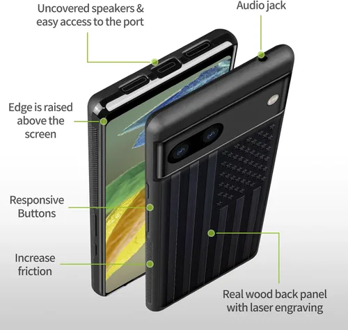 Vista 7 de Carveit Funda de madera para Pixel 8a [madera natural y TPU suave negro] a prueba de golpes, funda de madera única compatible con Google Pixel 8a