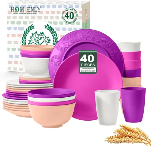 Vista 23 de Homienly Juegos de Vajilla Premium de Paja de Trigo, Platos y Tazones Ligeros e Irrompibles, Tazas, Servicio para 4, Apto para Lavavajillas