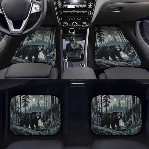 Vista 2 de Delerain Black Bear Night Trees - 4 alfombrillas delanteras y traseras de goma para piso de automóvil, alfombrillas para todo tipo de clima, ajuste