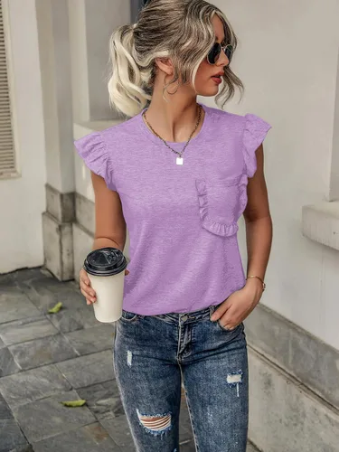 Vista 6 de Verdusa Camiseta de manga casquillo con ribete de volantes y bolsillo frontal para mujer