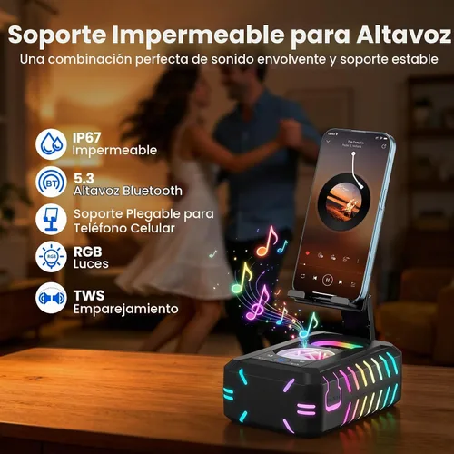 Vista 3 de JTEMAN Altavoz Bluetooth impermeable IP67 con soporte para teléfono celular