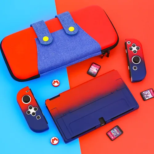 Vista 7 de GLDRAM Carrying Case of Mario Theme for Nintendo Switch OLED, Portable Switch Travel Accessories Bundle with Red & Blue Gradient OLED PC Protective