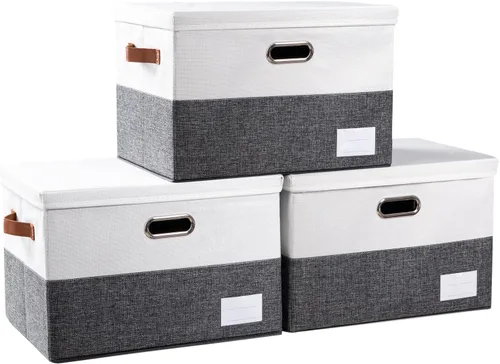 Vista 33 de PRANDOM Contenedores de almacenamiento con tapas [paquete de 3] cajas de almacenamiento plegables de tela de lino, canastas organizadoras, cubos