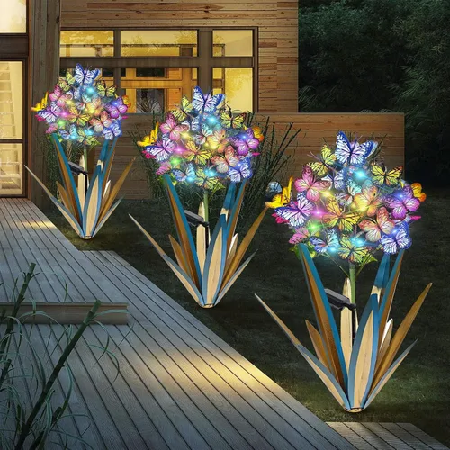 Vista 13 de Homight Escultura Solar de Metal Agave Mariposa Flor en Palo para Jardín - Regalo al Aire Libre, Luces de Navidad - Luces de Jardín de Mariposas