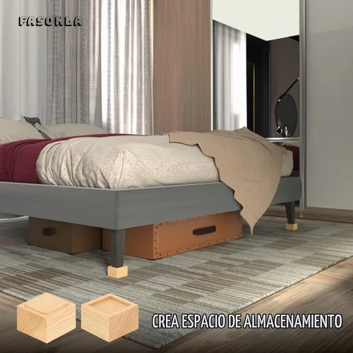 Vista 6 de FASONLA Elevadores de cama (juego de 4) – Elevadores de muebles de madera maciza de roble elevadores de altura de 2 pulgadas con agujero empotrado