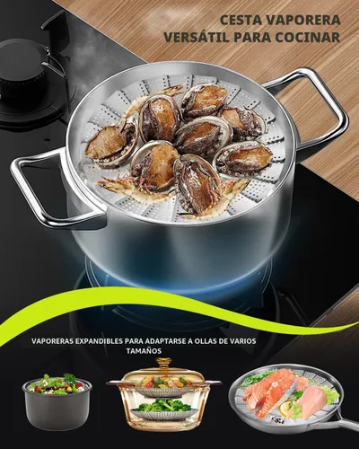 Vista 5 de Cesta vaporera de verduras de 2 capas para olla, canasta de vapor de acero inoxidable de alta calidad, canasta separable de acero inoxidable
