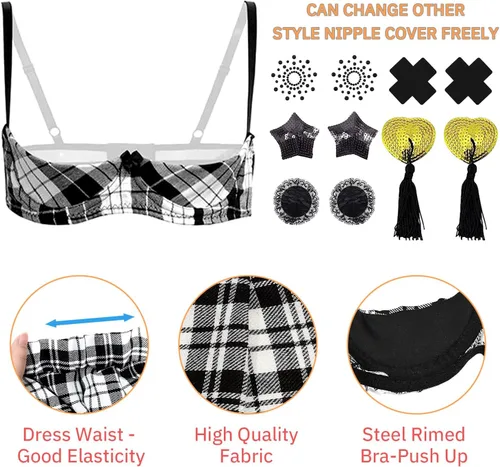 Vista 3 de HOTSO Women Sexy Lingerie Push Up Half Cup Bra Mini Plaid Skirt Babydoll Cosplay Costume Role Party Outfit Naughty Uniform