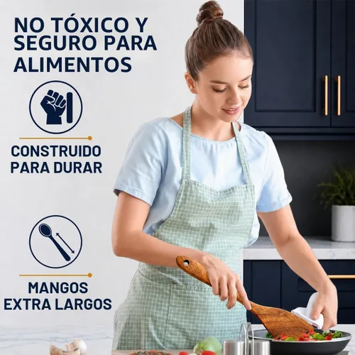 Vista 7 de Juego de utensilios de madera de teca extra grandes de 4 piezas, espátula de madera antiadherente para cocinar, cuchara espumadera y cuchara