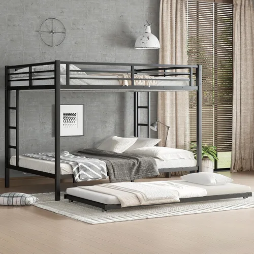 Vista 15 de Litera de metal resistente de tamaño individual sobre matrimonial, con escalera integrada y barandilla de seguridad para niños, adolescentes