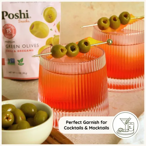 Vista 7 de Poshi Aceitunas Naturales Enteras Deshuesadas Paquete de 24 Variedades Albahaca y Ajo, Chile y Orégano, Chile + Ajo, Limón y Romero Vegano