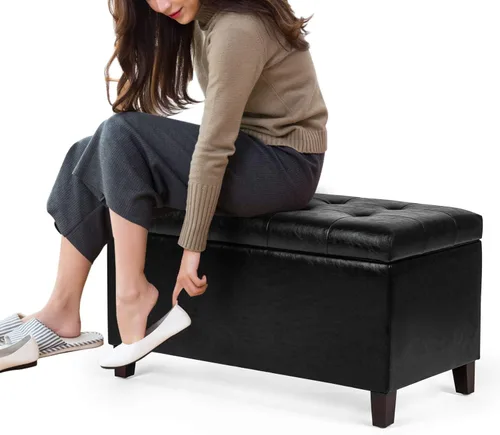 Vista 5 de Adeco Otomana de almacenamiento, banco tapizado rectangular de piel sintética con patas de madera, reposapiés, mesa de café para sala de estar Negro