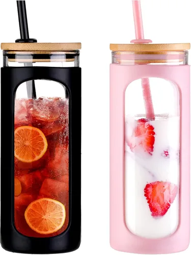 Vista 39 de Kodrine Vaso para agua de vidrio de 20 onzas con popote y tapa, botella de agua con tapas de bambú, taza para café helado, reutilizable, boca ancha