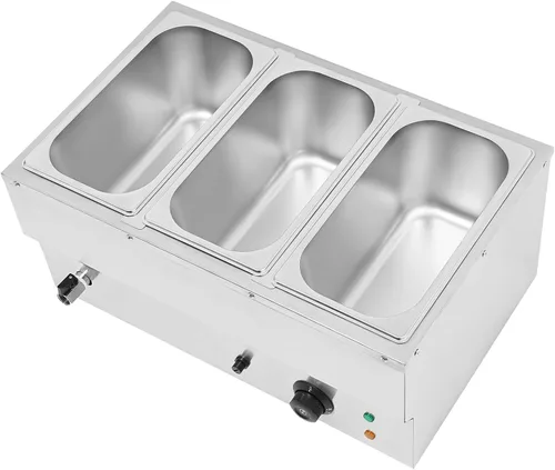 Vista 3 de DYNAMI Calentador de alimentos para bufé comercial de 110 V, mesa de vapor eléctrica grande de acero inoxidable de 3 bandejas con diseño