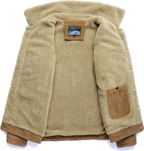 Vista 3 de Chaqueta de pana para hombre, abrigo de vaquero cálido con cuello de piel