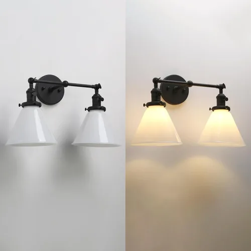Vista 4 de PERMO Aplique doble vintage industrial negro 2 luces apliques de pared con embudo de vidrio acampanado pantalla de vidrio de leche antiguo