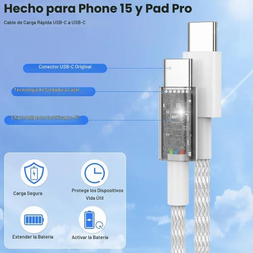Vista 2 de Cargador para iPhone 17 y 16, carga rápida, tipo C, 20 W, USB C, bloque para iPad, con cable USB-C tejido de 6 pies, sincronización de datos de 60 W