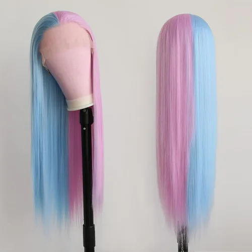 Vista 4 de Mezcla de encaje frontal sintético peluca mitad negro mitad blanco #1001 para mujeres sin pegamento largo recto pelucas de pelo sintético parte