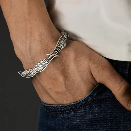 Vista 5 de RIOSO Juego de 3 pulseras de plata para hombres y mujeres, con diseño de alas de ángel, plumas, hojas de ángel, juego de pulseras, Sin gemas.
