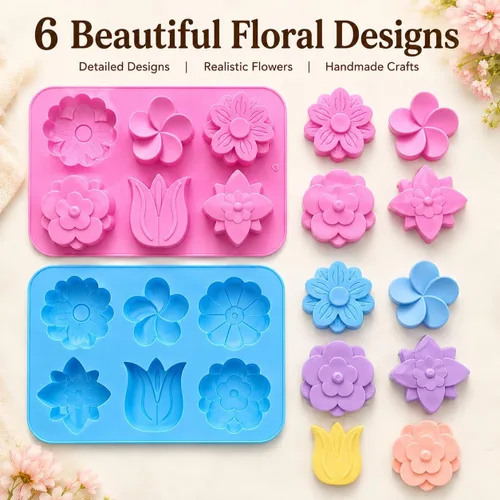Vista 4 de 6-Cavity Floral Silicone Mold 2-Pack – Flexible DIY Soap, Chocolate, Wax & Resin Mold for Handmade Crafts – Purple & Blue, Non-Stick & Heat Resistant