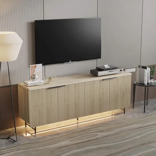 Vista 8 de Soporte de TV acanalado de mediados de siglo para TV de 55 a 75 pulgadas, centro de entretenimiento negro con almacenamiento, soporte de televisión